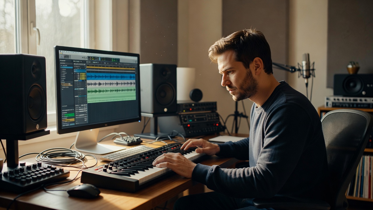 Producer concentrating on audio edits at a computer in a naturally lit home studio with a small keyboard