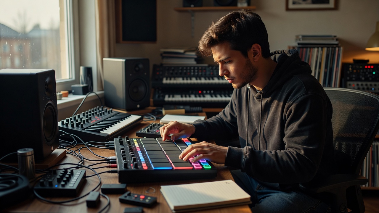Beat-maker programming a rhythm on a pad controller at a home-studio desk lit by a nearby window