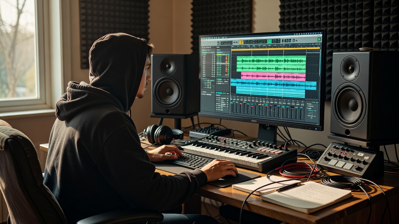 Producer arranging a track on a home-studio computer with nearfield speakers and daylight across the desk