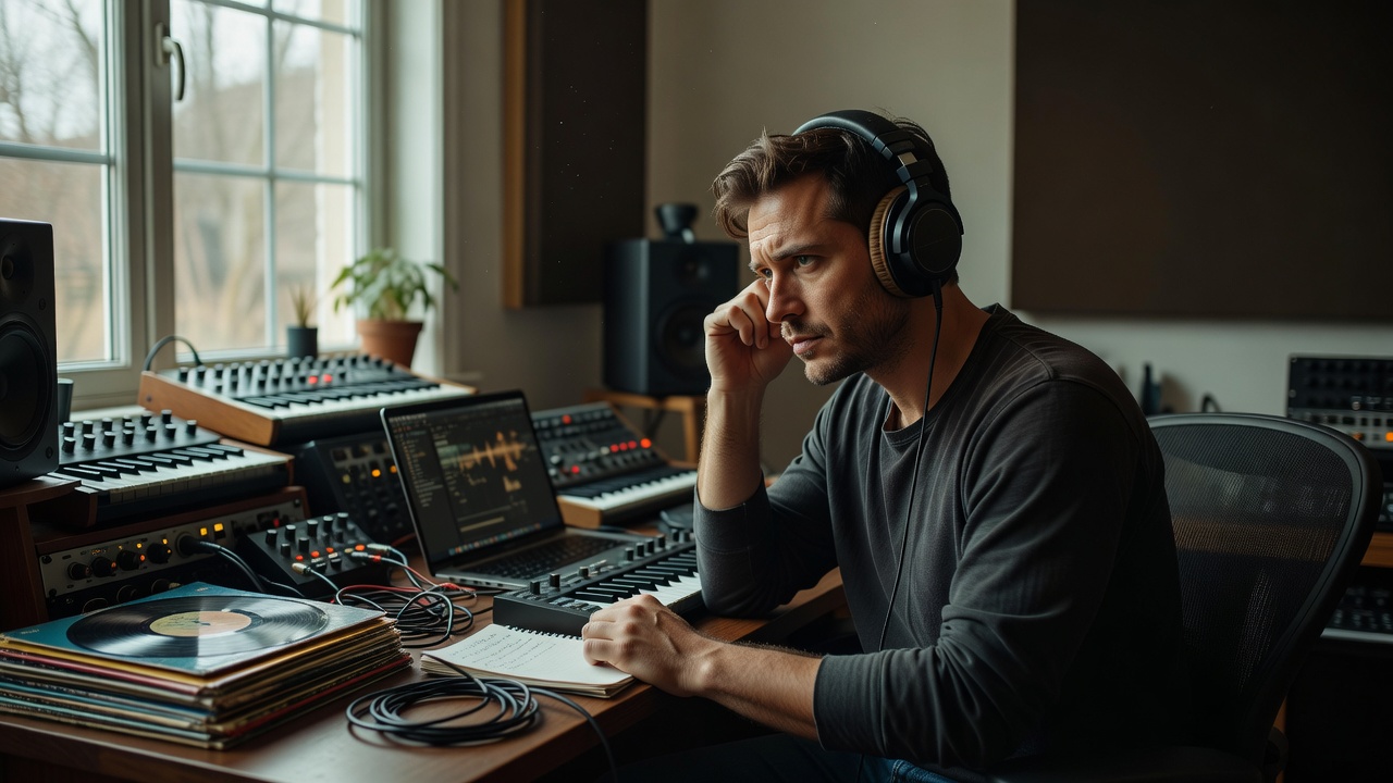 Producer listening critically to a recording through headphones at a window-lit home-studio workstation